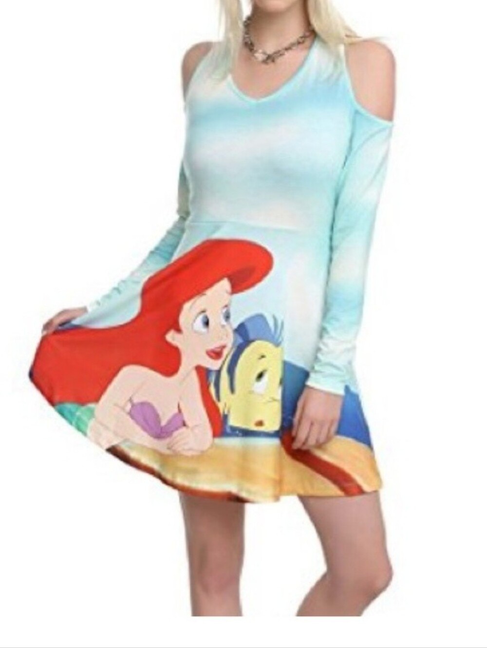 Disney Nwt Dress Size M Ariel Graphic Cold-Shoulder Skater Dress - Aqua & Red